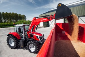 MF 7S 155 WITH CEREAL BUCKET AND MF 7S 190 WITH TRAILER WORKING BEZU 0521 03
